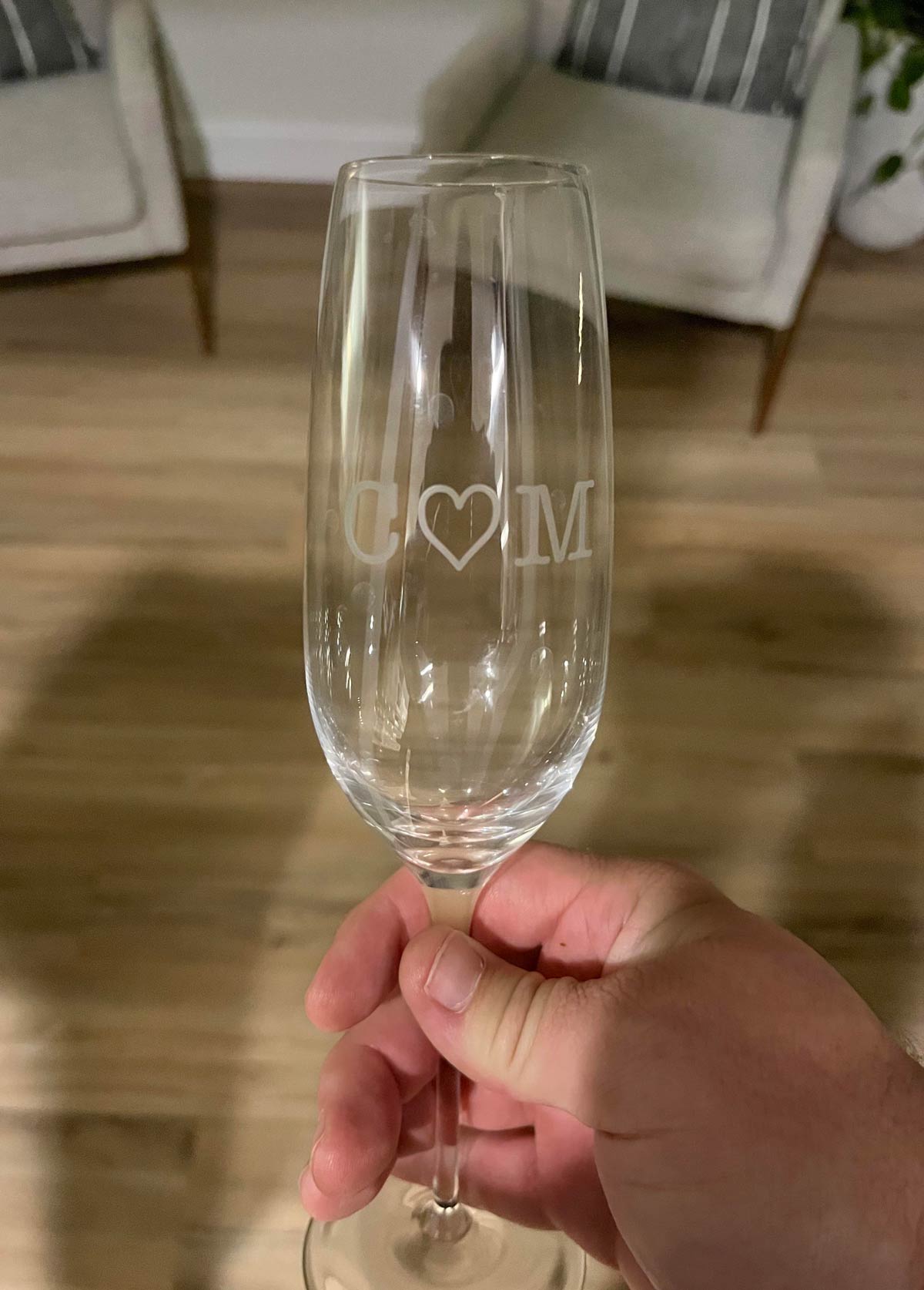 My mom gave me and my wife these wine glasses with our initials engraved