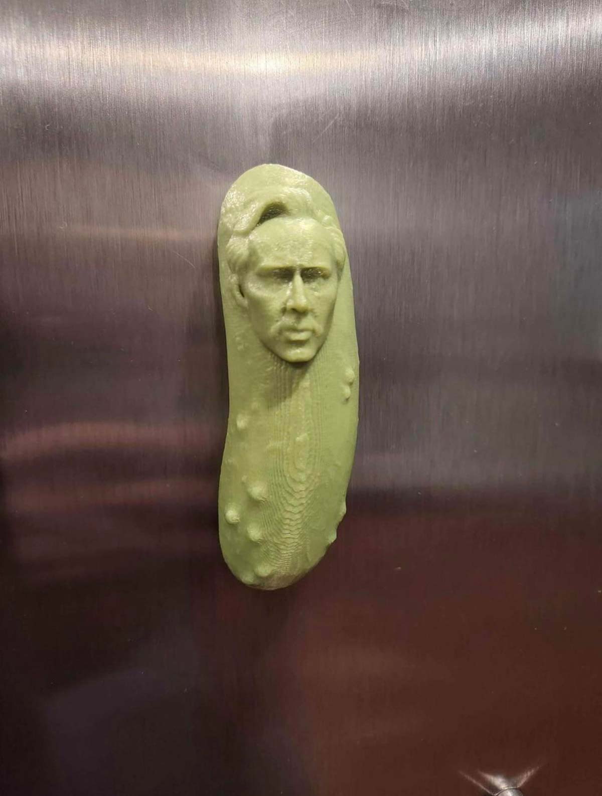 My friend 3D printed Nicolas Cage pickle fridge magnet