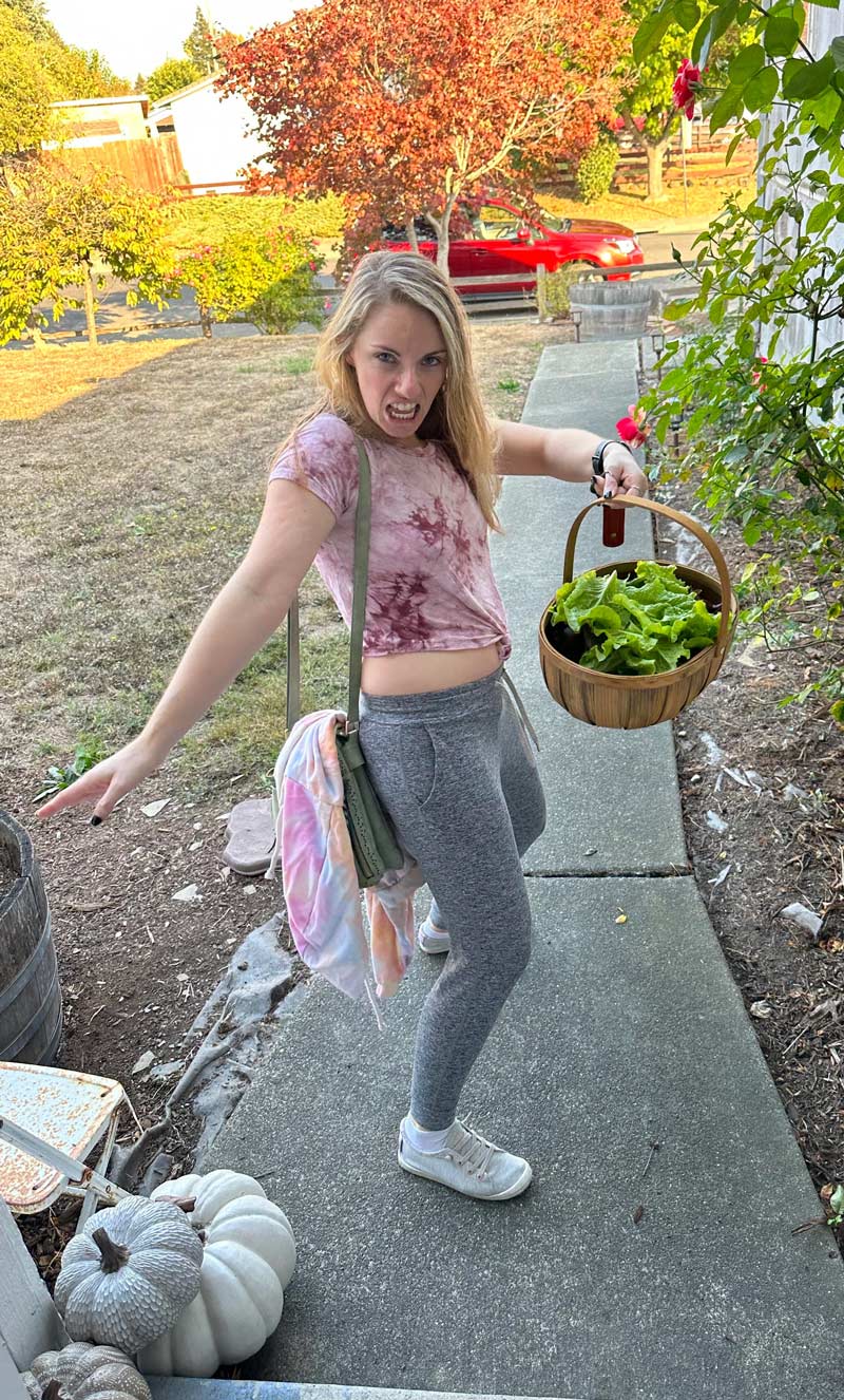 My girlfriend heading to a dinner party with a fresh garden harvest. She is beauty and grace
