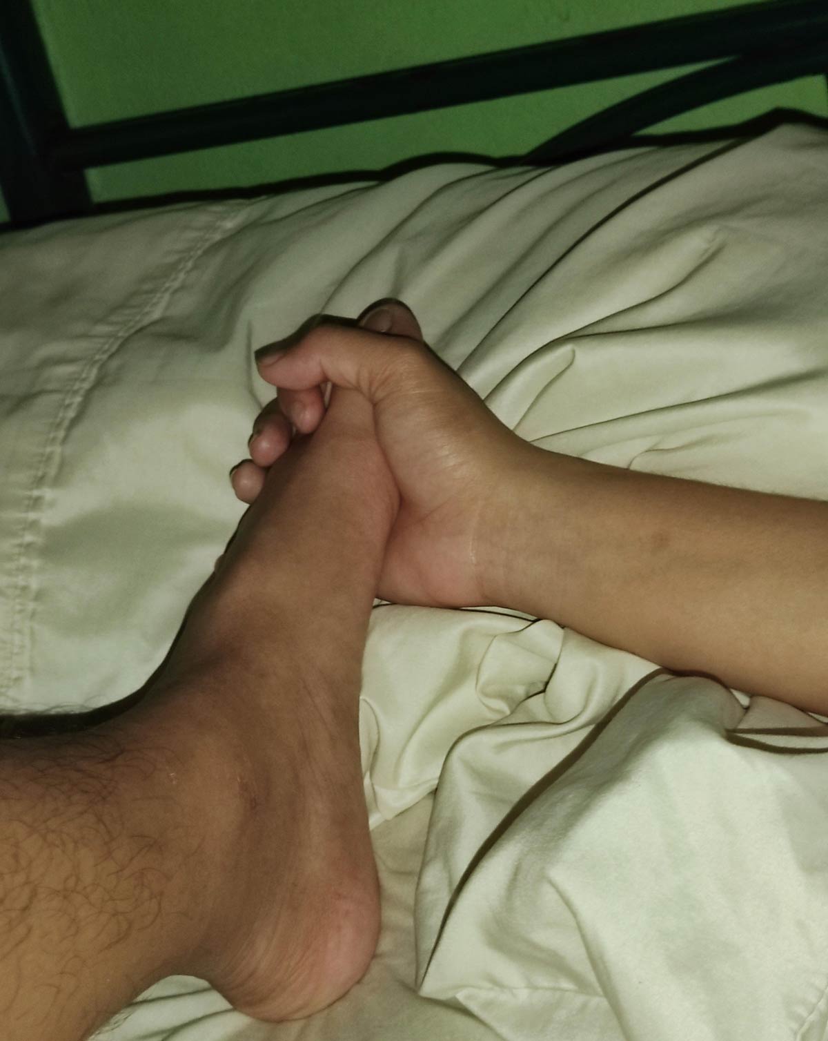 Wife has a habit of holding my hand when she's asleep. I rotated to the other end of the bed so I can watch anime on my phone and not wake her up and this is what happened last night