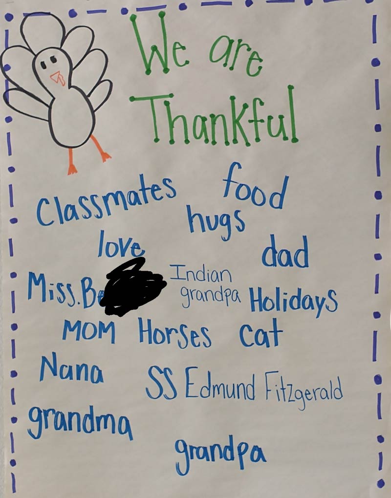 I work at a public school. Our first graders are thankful for a couple pretty unique things this year