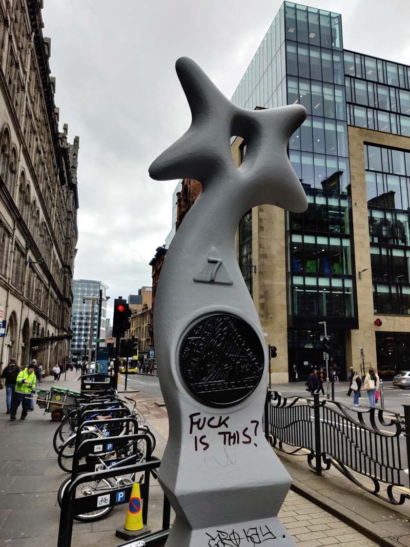 This strange sculpture has popped up in a few places around Glasgow. Very fitting graffiti