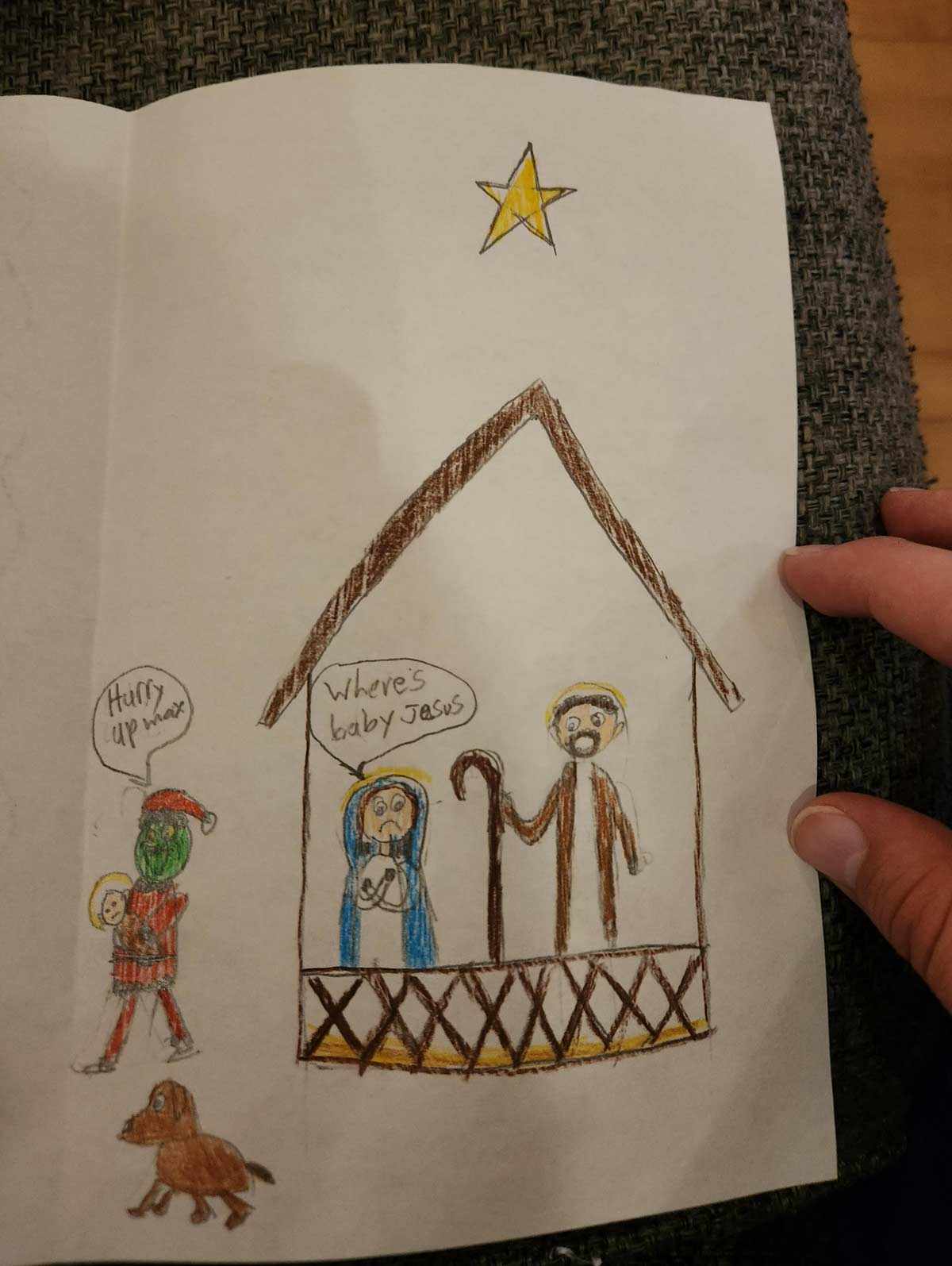 My 10 year old sister's Christmas card to me was the Grinch stealing baby Jesus