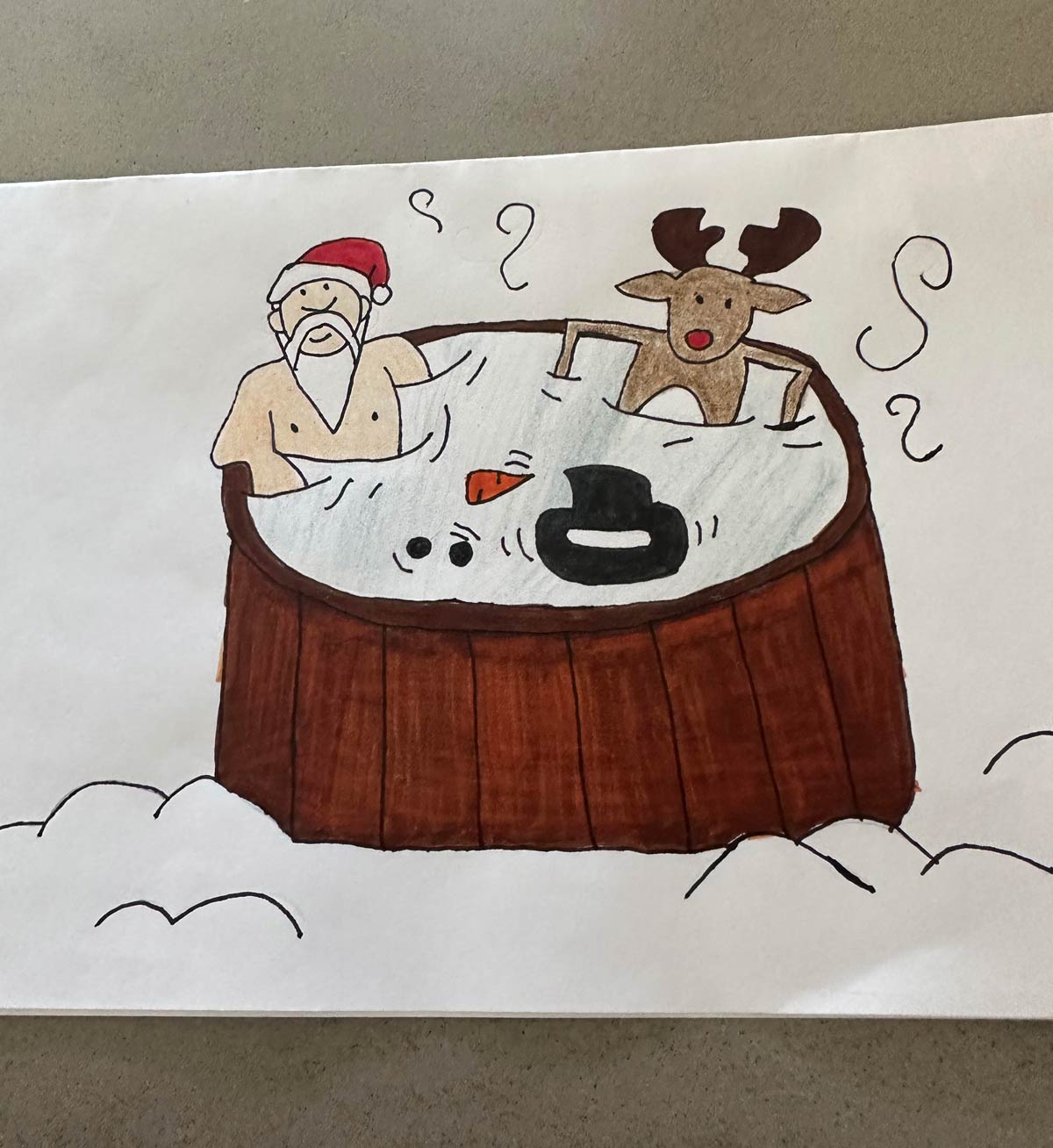 A card my daughter made. Santa, a reindeer and a melted snowman!