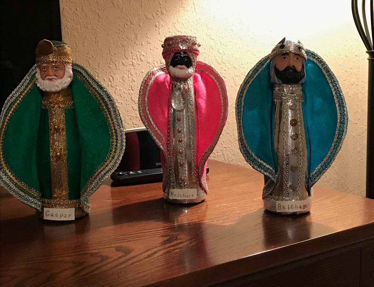 My elderly aunt made the Three Kings as a holiday craft. They're Michelob beer bottles