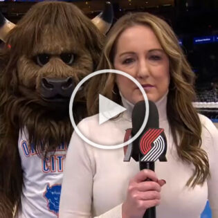 The Thunder mascot terrifies the Blazers' court side reporter