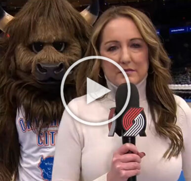 Thunder mascot terrifies the Blazers’ court side reporter