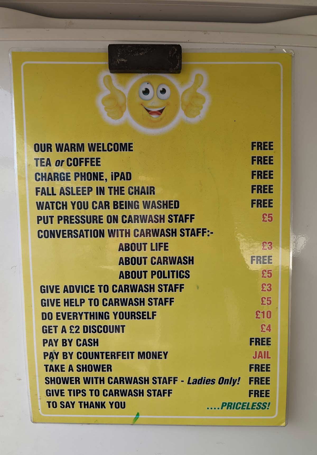 This carwash price list