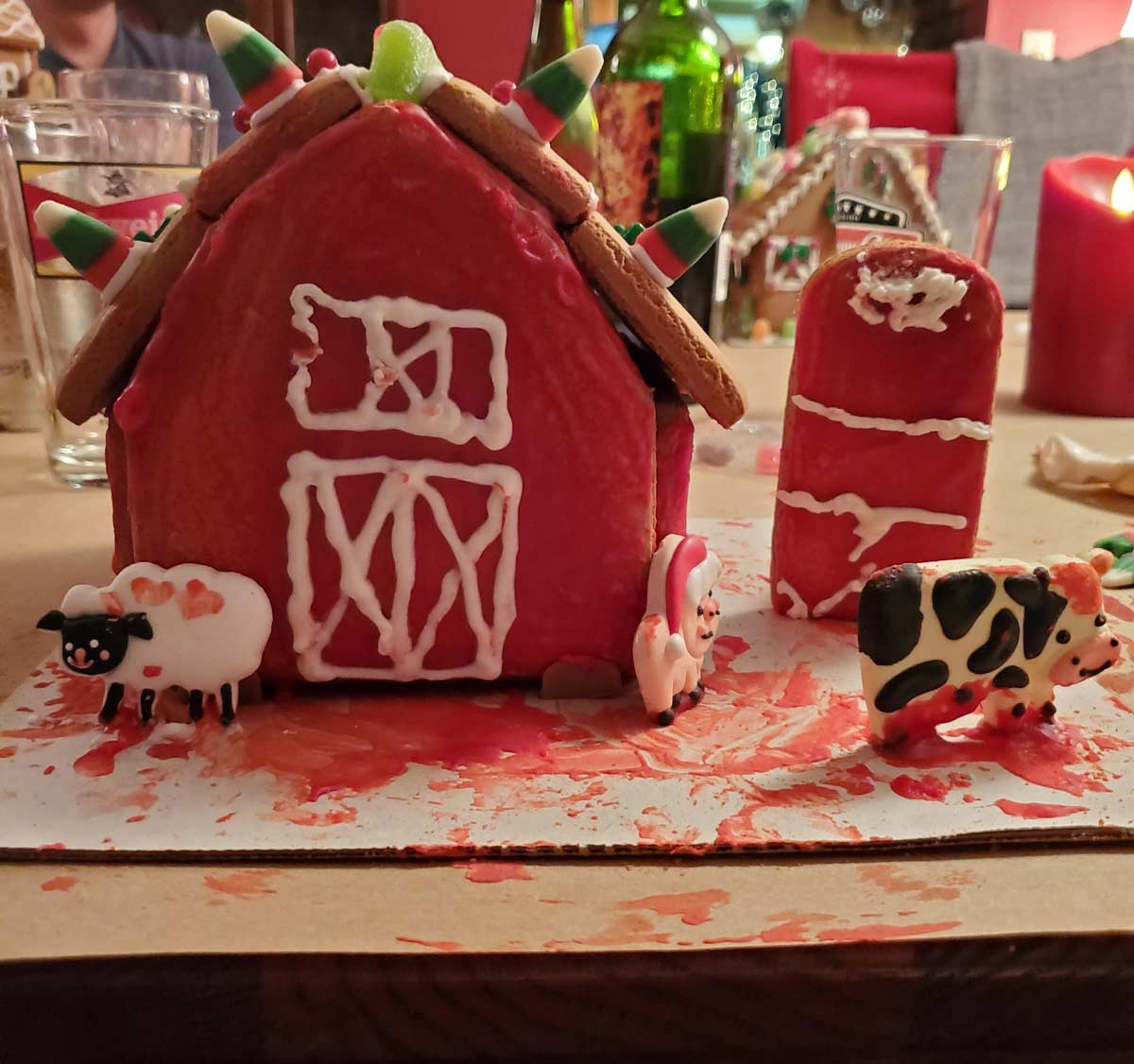 I really struggled with the icing for my gingerbread barn and it accidentally became a gingerbread slaughterhouse