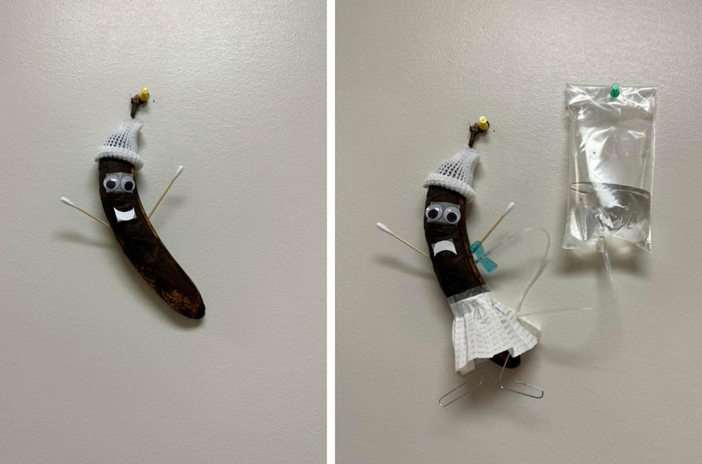 A neglected banana was sitting in the break room for a few days, so I decided to put it up on the wall and include some final touches...