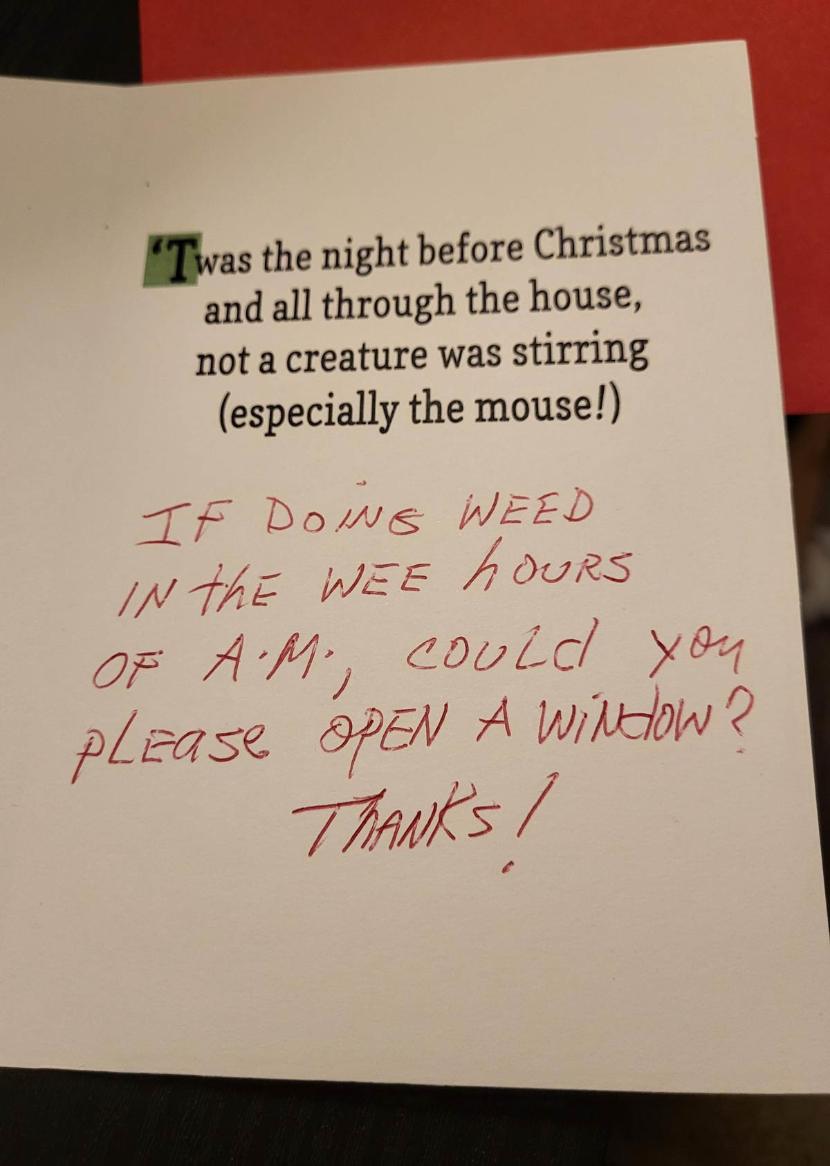 Got a thoughtful Christmas card from one of my neighbors (I don't smoke)