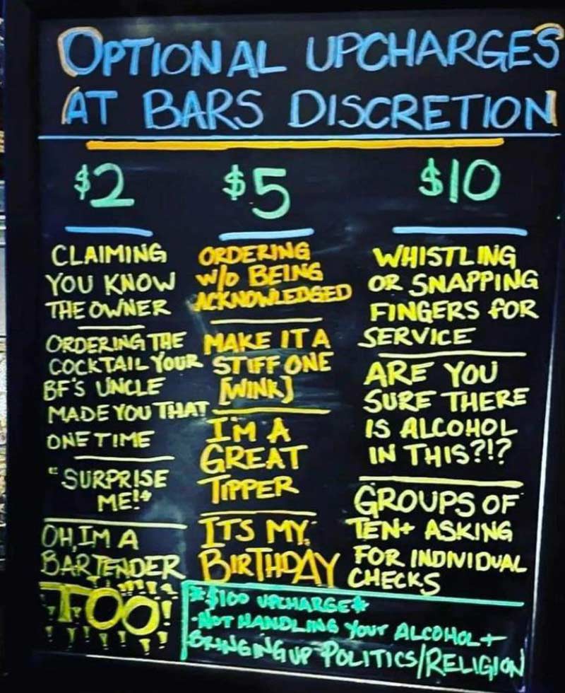 Optional upcharges at bar’s discretion