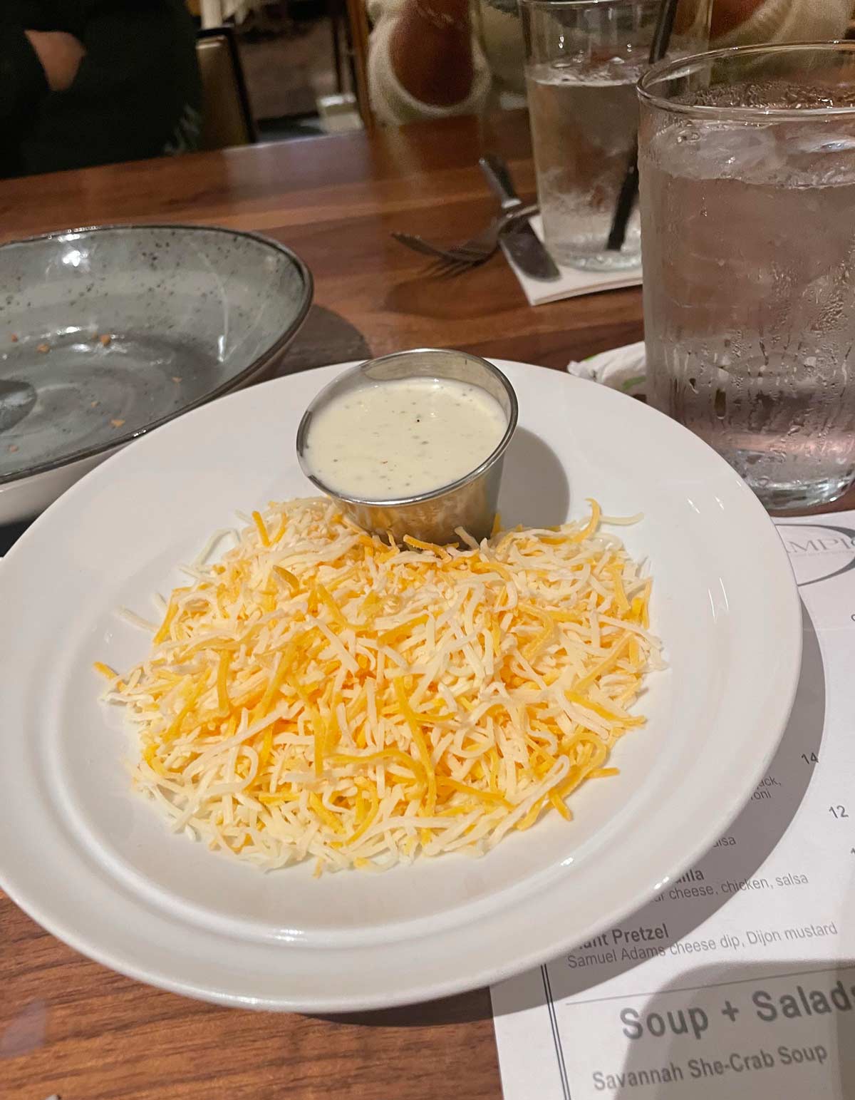 My dinner companion asked for “A salad, but just cheese and ranch”