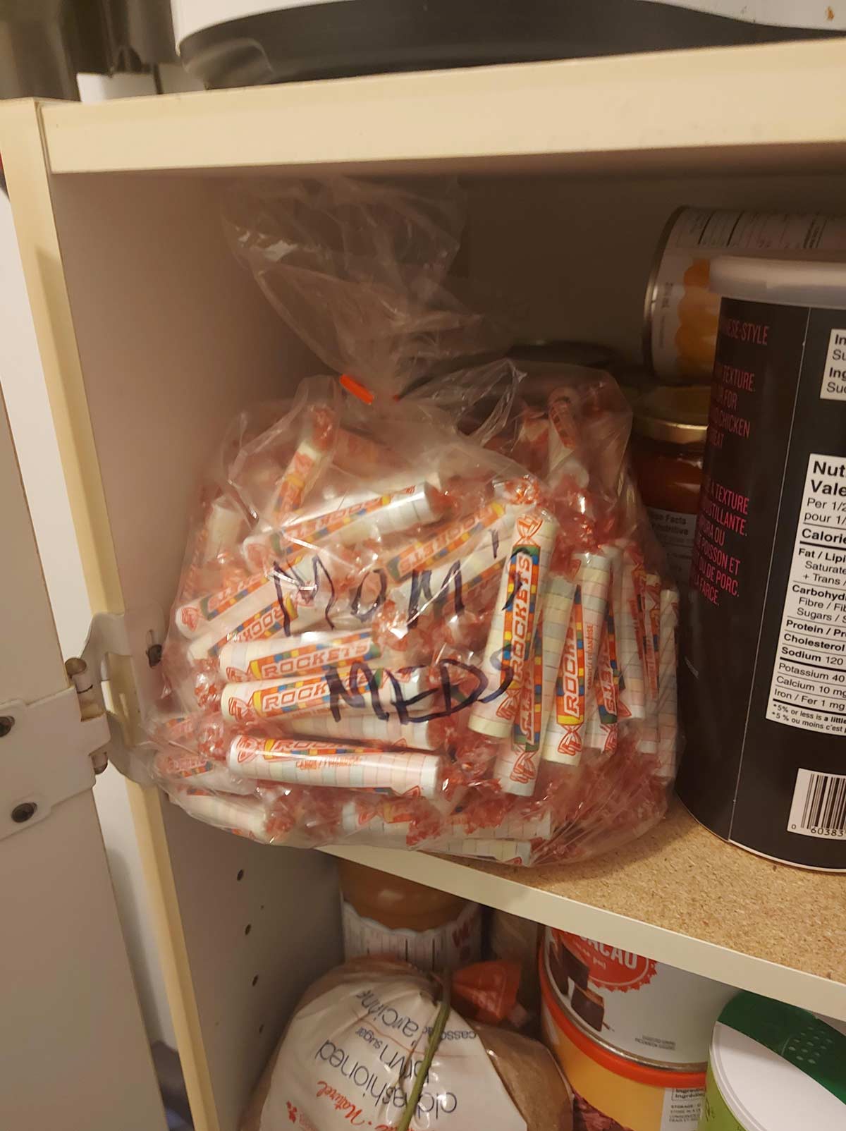 Cool Stuff My mom is diabetic. She eats Rockets to raise her sugar levels. I come to the pantry looking for something to snack on and find this