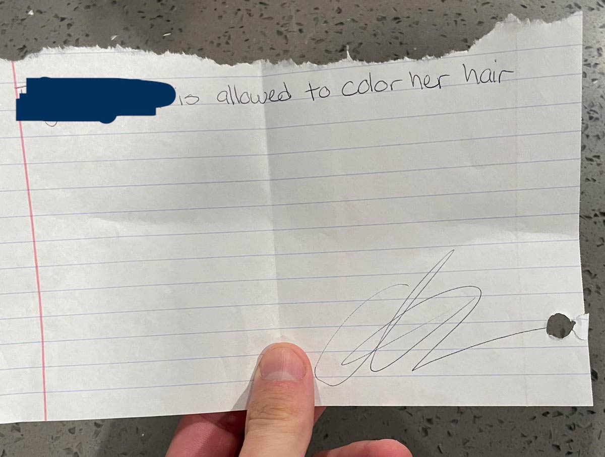 Teenager daughter wanted to dye her hair blue, so we told her bring us something from the school saying she wouldn’t get in any trouble. THIS was the masterpiece submitted as evidence