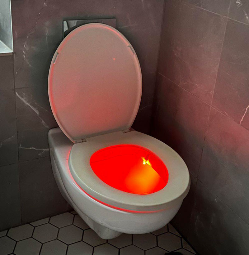 We got given a toilet light but it’s stuck on red which is the most terrifying color to have glowing from your toilet