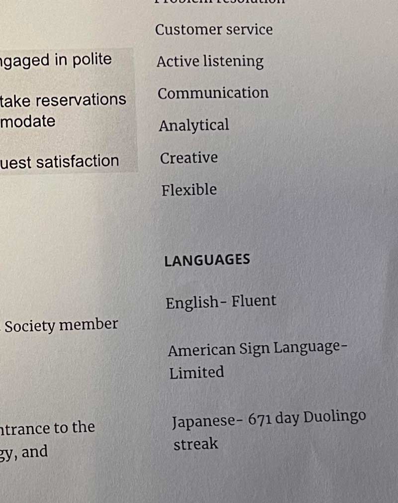 Someone sent a resume with their Duolingo streak under ‘Languages’