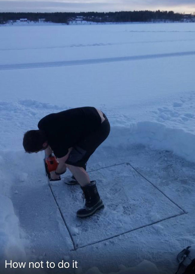 My lumberjack brother-in-law's first time in Finland making an ice hole