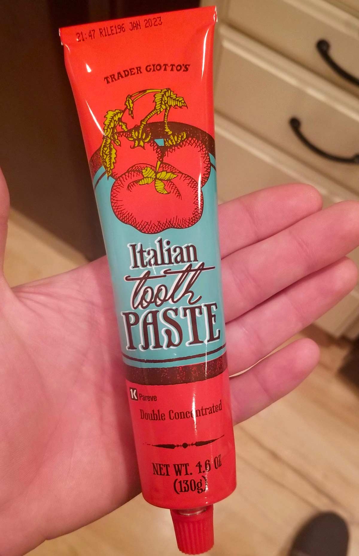 Stayed at my very Italian cousin’s place. I asked to use their toothpaste and they handed me this...