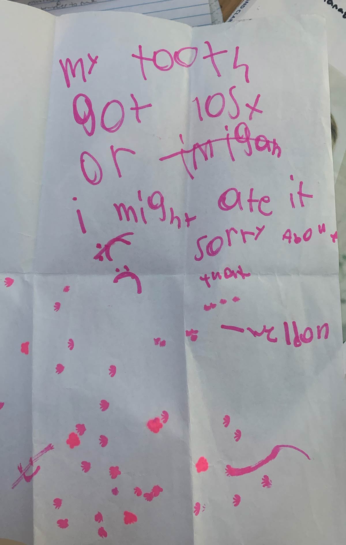 My little brother's apology to the tooth fairy for losing his tooth