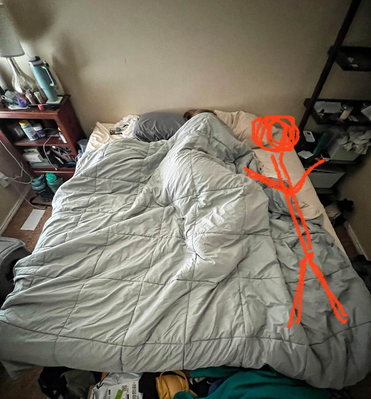 Artist rendering of how much space my wife leaves me in bed. Approx 5000 square inches of a possible 6080. She's the Ghengis Khan of the king mattress