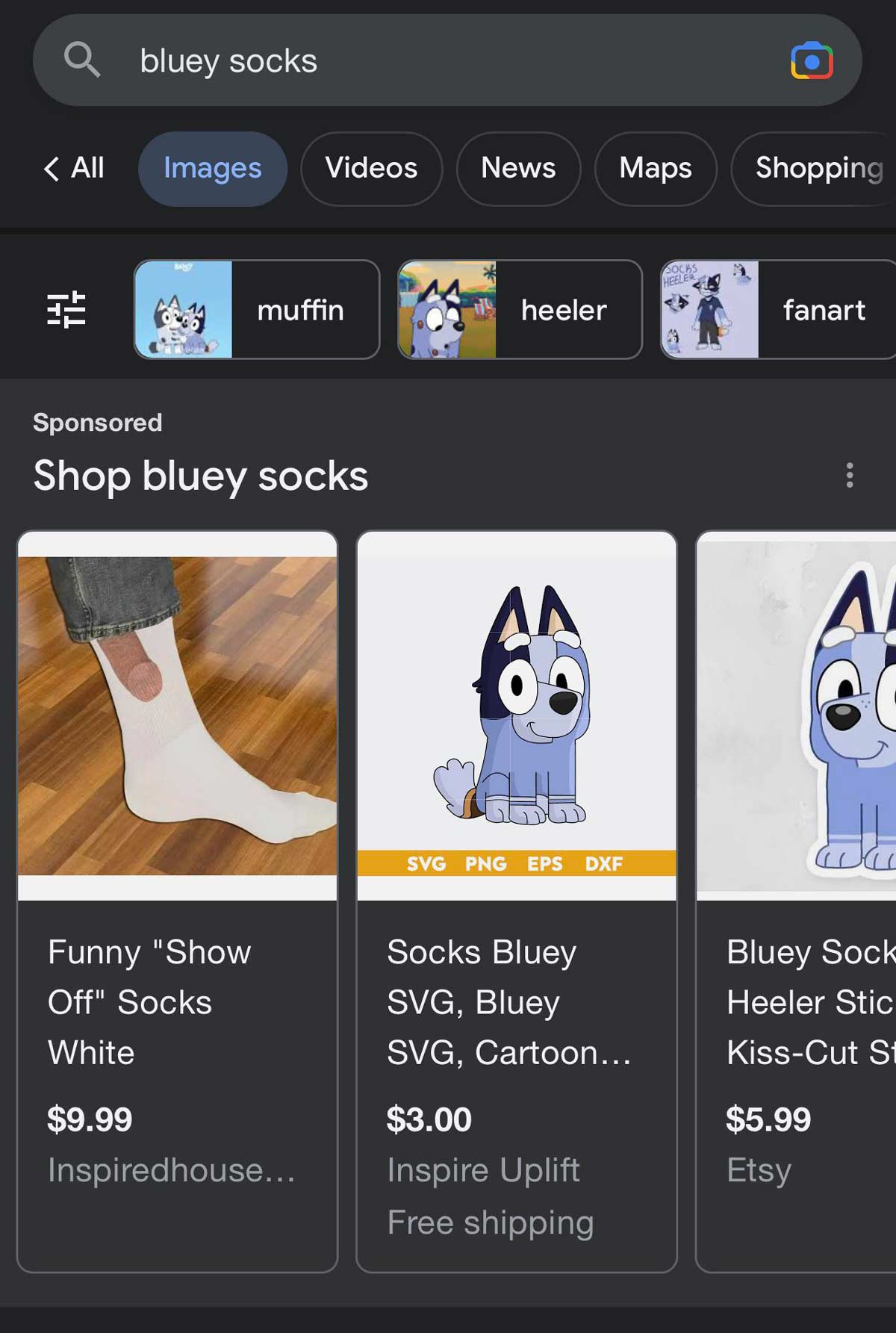 Googling for “Bluey Socks” for my 7yo daughter
