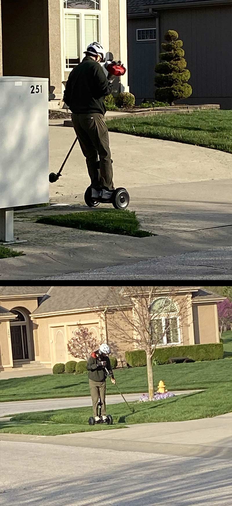 Just a guy weed eating on a hoverboard