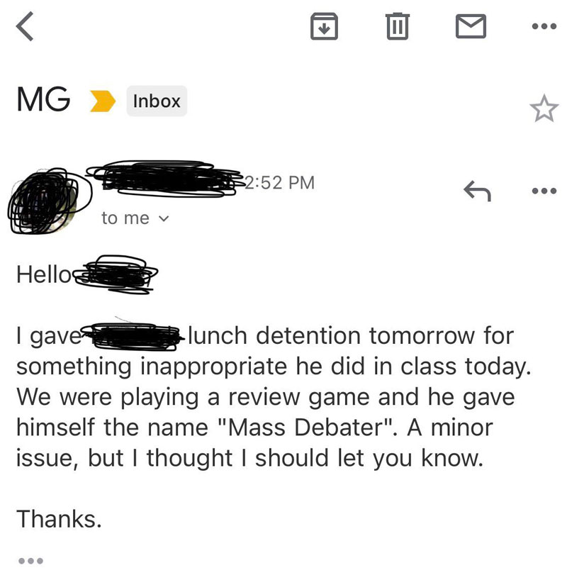 An email from my 15-year-old son's teacher that I received today