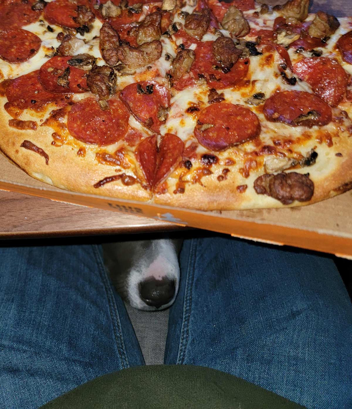 Waiting on that one piece of stray sausage to fall off a slice