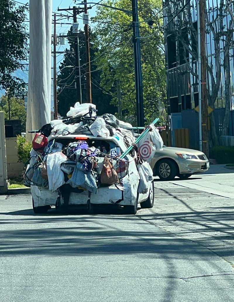 This urban ghillie suit driving around Los Angeles