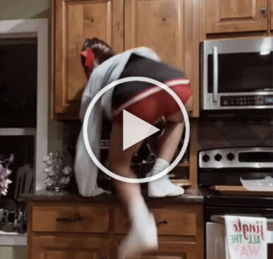 Attempting to lip sync on kitchen counter