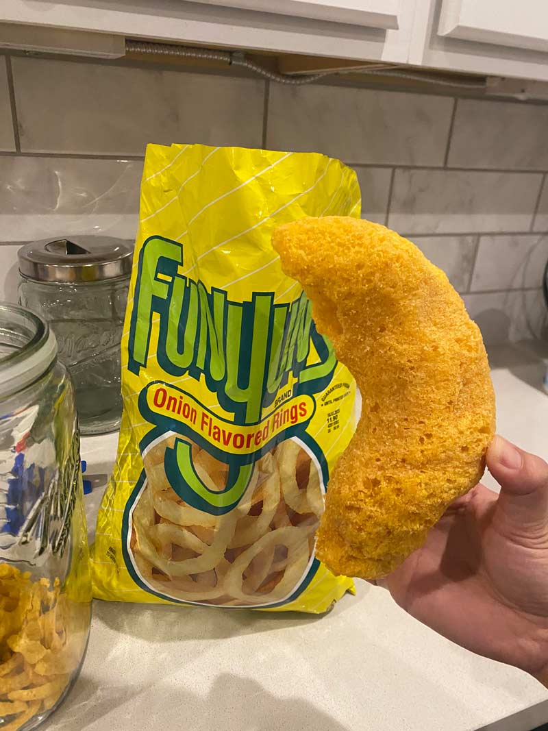 A bag of Funyuns I just opened had a giant combined piece in the bag