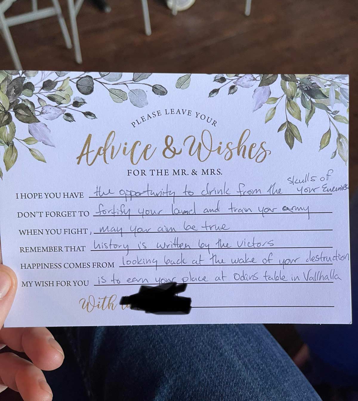 My wife made me fill out a card for her cousins wedding shower