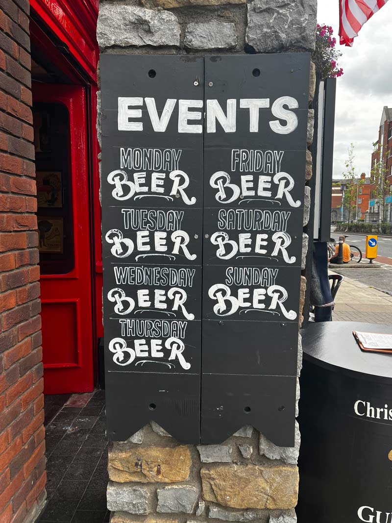 Events calendar at a pub in Dublin