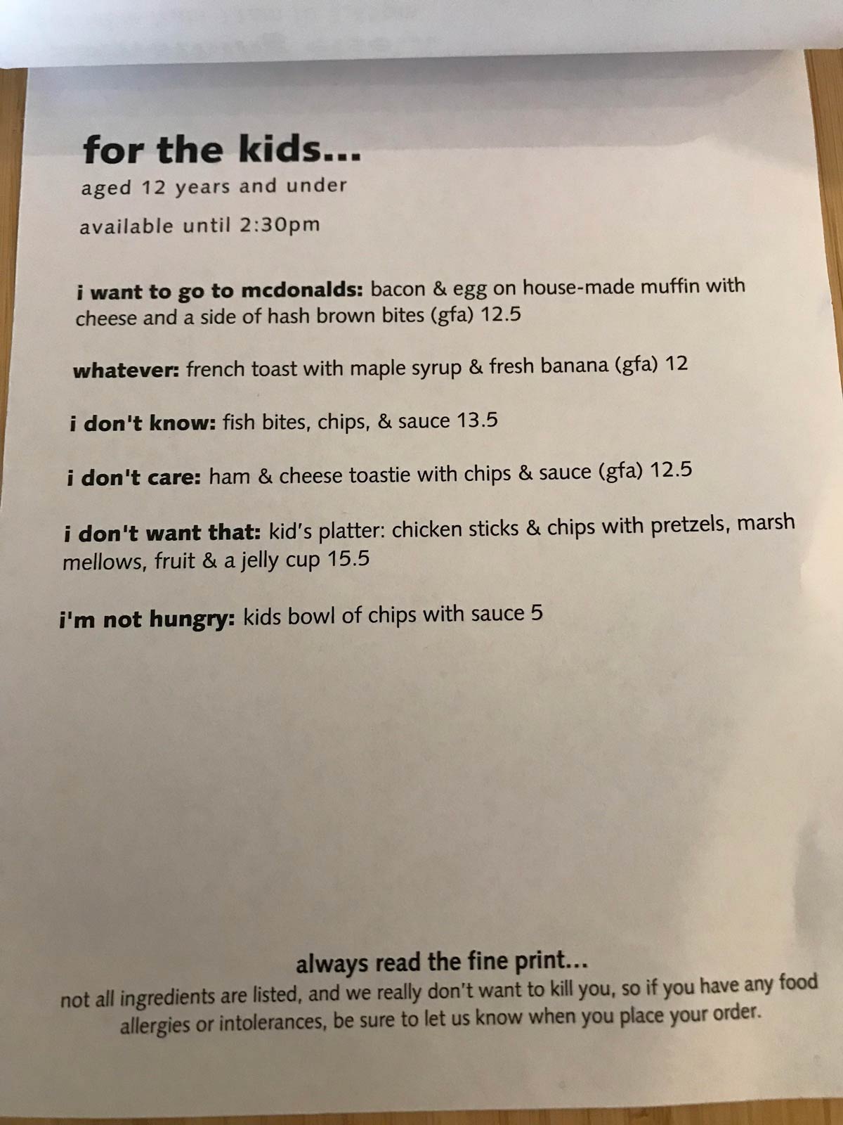 Kids menu at my local cafe