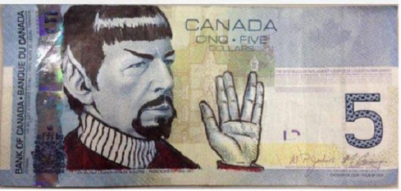 Apparently a rash of Spock vandalism has been occurring on $5 Canadian notes for years as a tribute to Nimoy