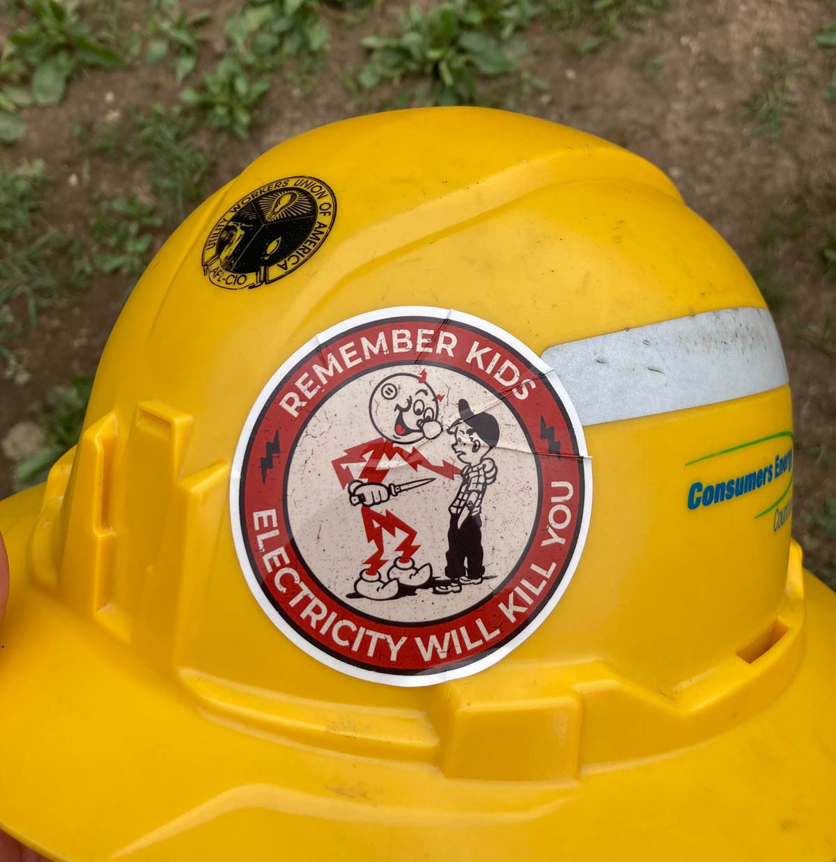 My buddy who’s a lineman just sent me a pic of his hard hat