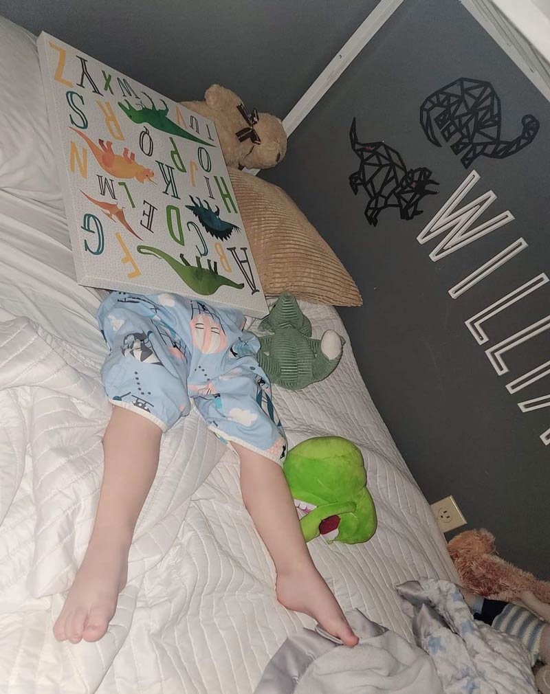 My son loved the new dinosaur picture we hung above his bed. We found him sleeping like this