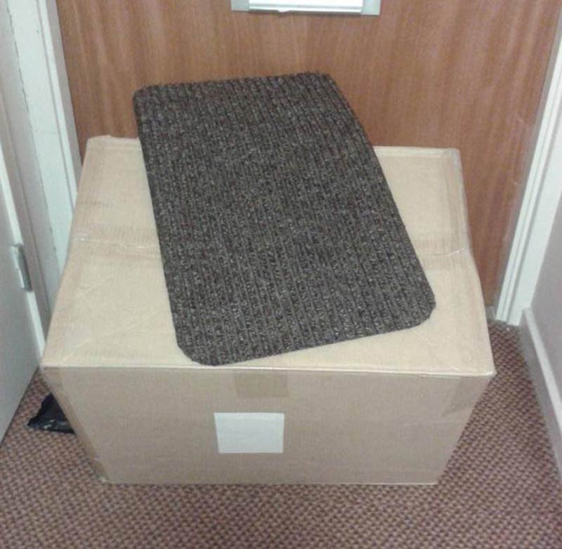 My friend's delivery arrived while she was out, so the courier 'left it under the mat for safekeeping'