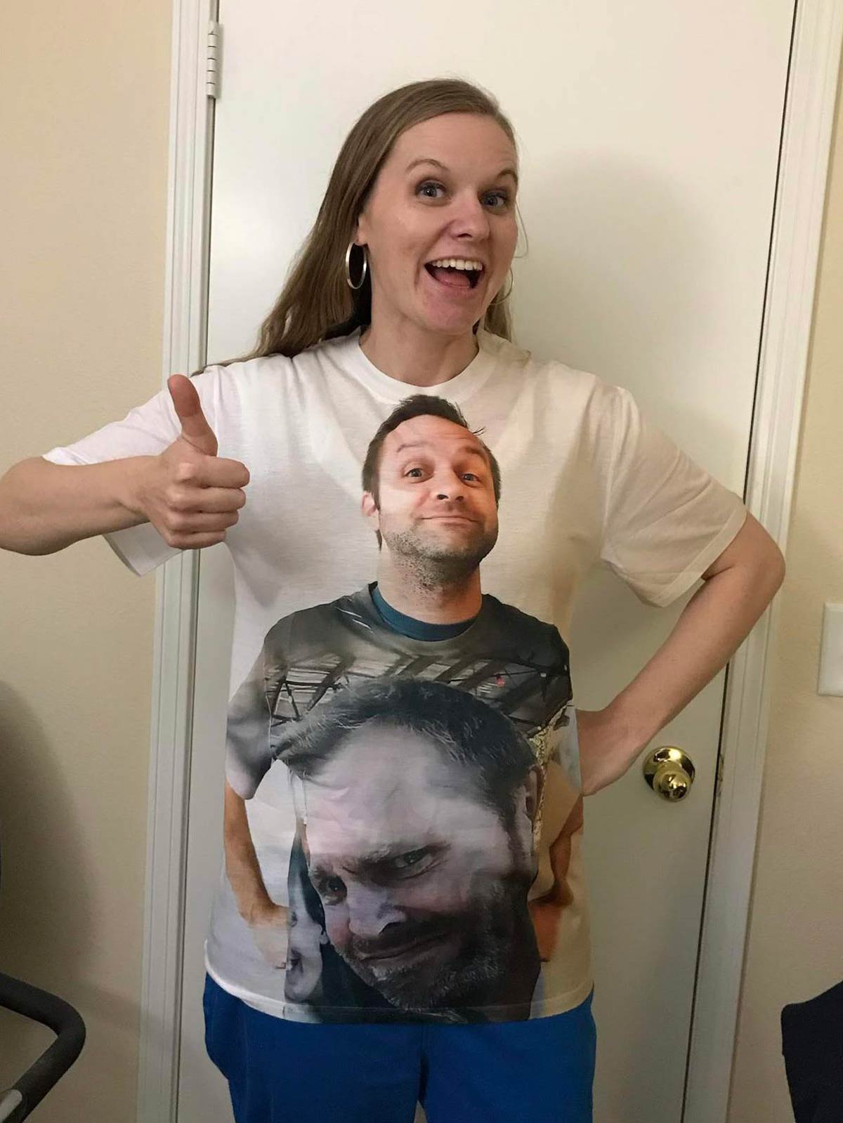 My sister wearing a shirt of me wearing a shirt of my brother