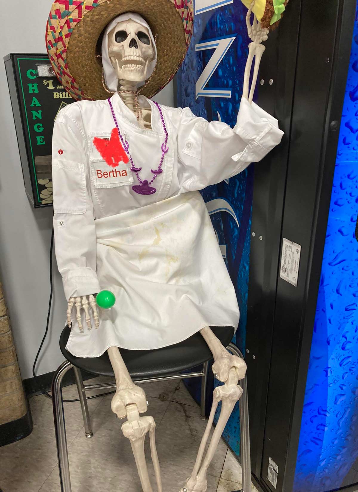 One of our lunch ladies passed and her staff set this skeleton up in her honor