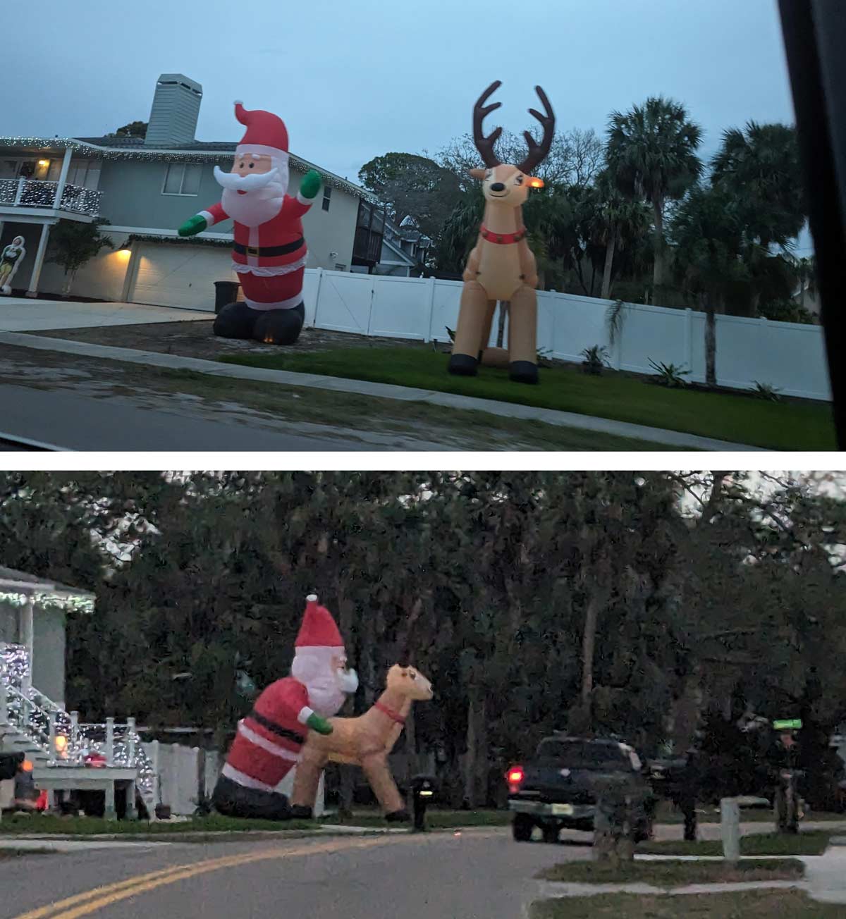 My neighbors Christmas decorations when viewed from farther down the road