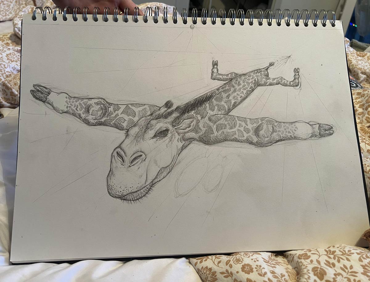 My sister drew a giraffe in the form of a B22 Lancaster plane