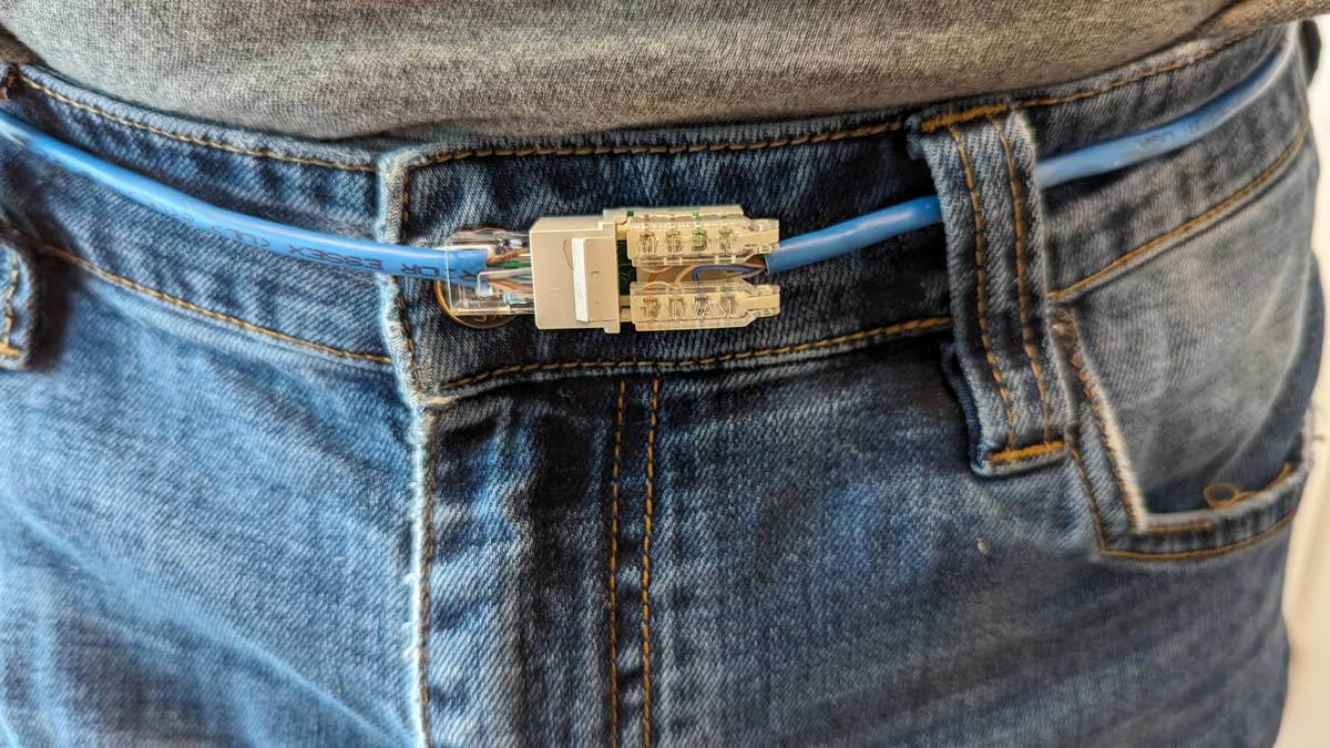 I couldn't find my belt this morning. I had to make do with some leftover CAT 5e cable, keystone jack and connector