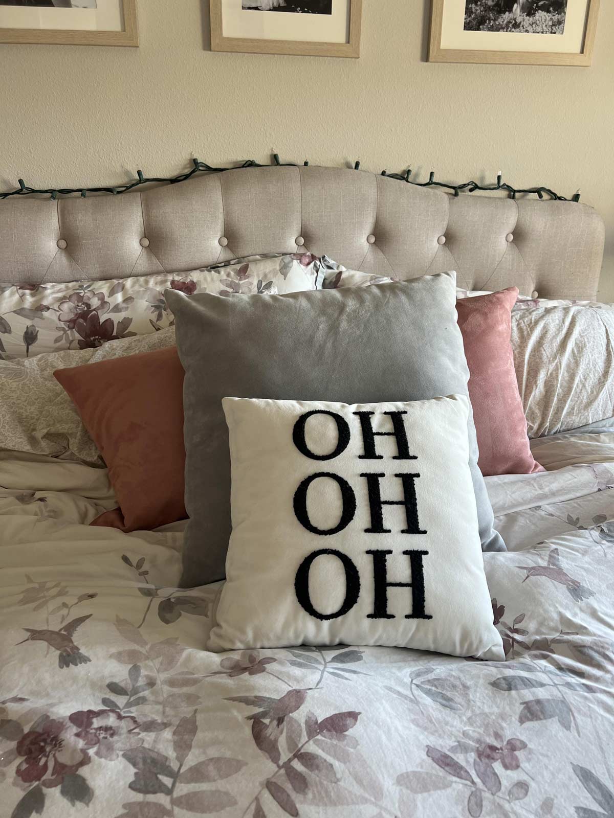 My Christmas pillow doubles as Valentine's Day decor