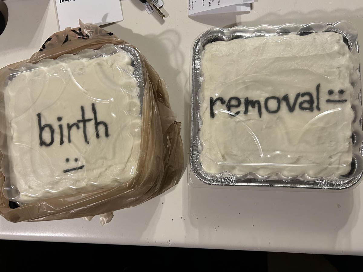 My girlfriend and her brother are fraternal twins. One was a natural birth and the other was a C-Section, so she made these two cakes for their birthday