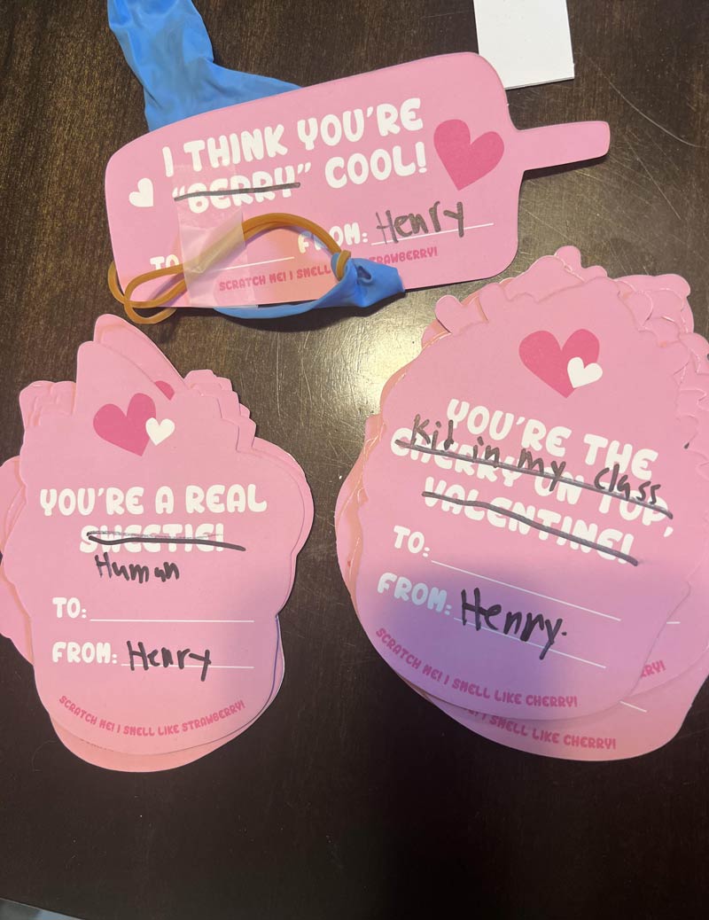 My son didn’t approve of the class Valentines cards I picked so he “fixed” them