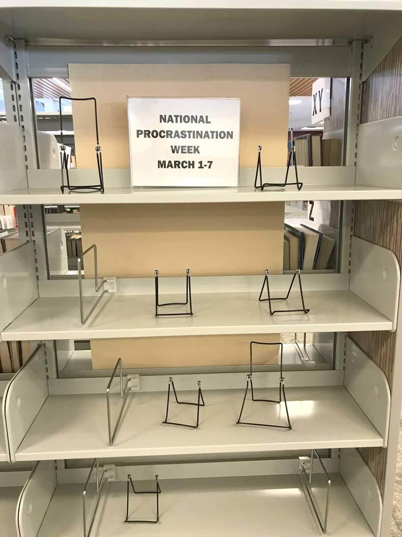 A Winnipeg library's display for National Procrastination Week