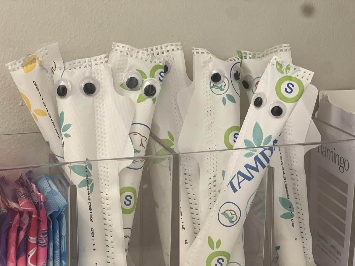 My morning routine now includes putting googly eyes on all of my fiancé's tampons. Sheeee's not a huge fan....but she's dealing with it