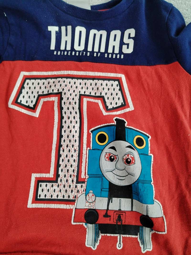 After a few washes, my kid's shirt turned into Thomas the Crank Engine